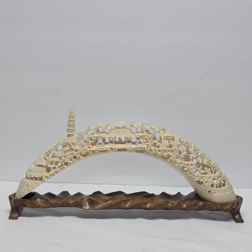 Vintage Asian Resin Horn Shaped Village Scene With Wood Stand